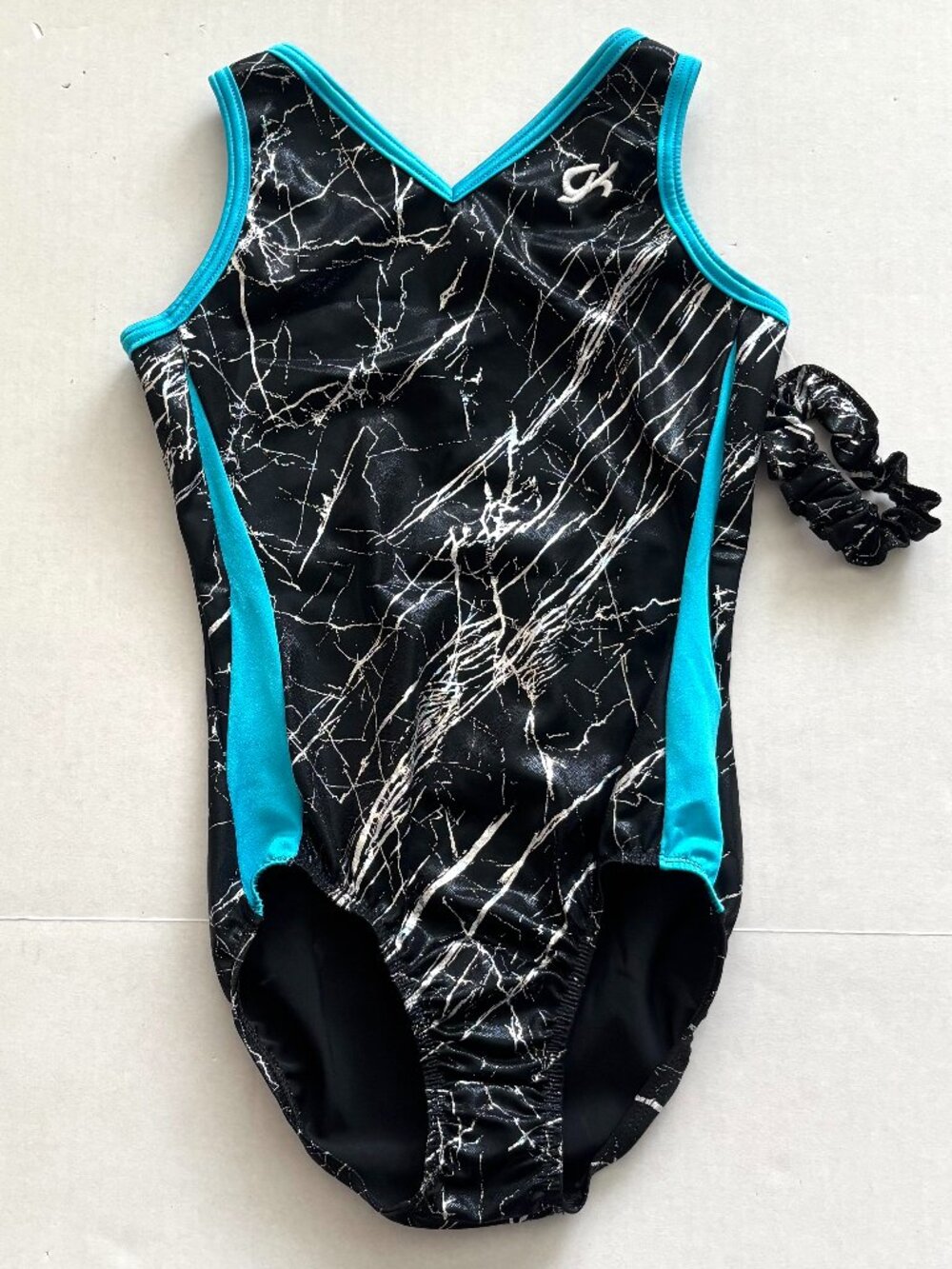 NWT GK Gymnastics Black/Blue Crackle Sleeveless Leotard with Scrunchie Size AS